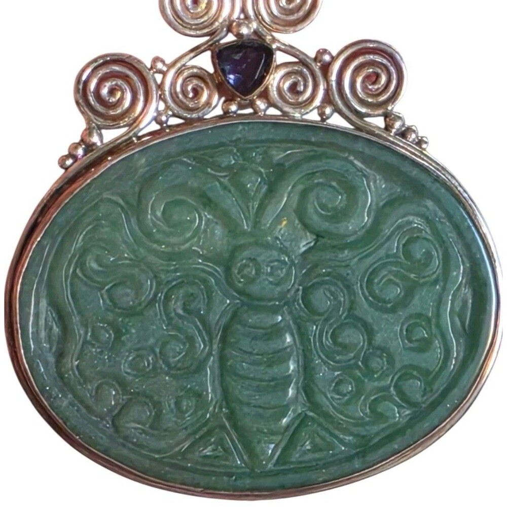 SAJEN 925 Sterling Silver Jade Carved Butterfly Pendant Moonstone Tanzanite 3.25 - Picture 3 of 8